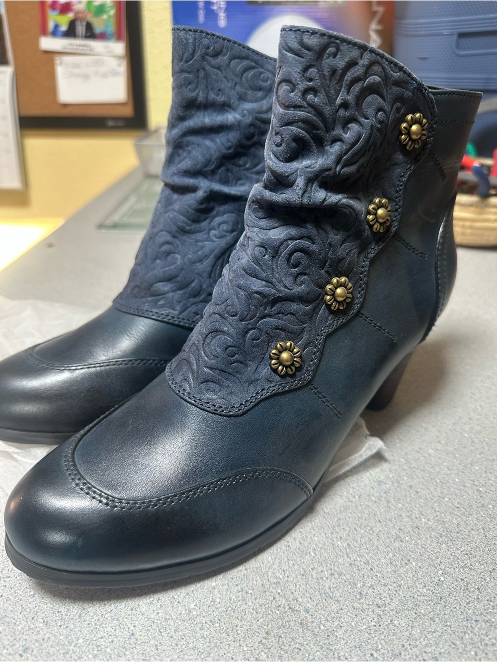 L’Artists Women's Embossed Navy Ankle Booties with Decorative Buttons